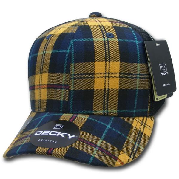 6018-129 6 Panel Mid Profile Structured Plaid Trucker Hat, 129-Black - One Size Fits Most