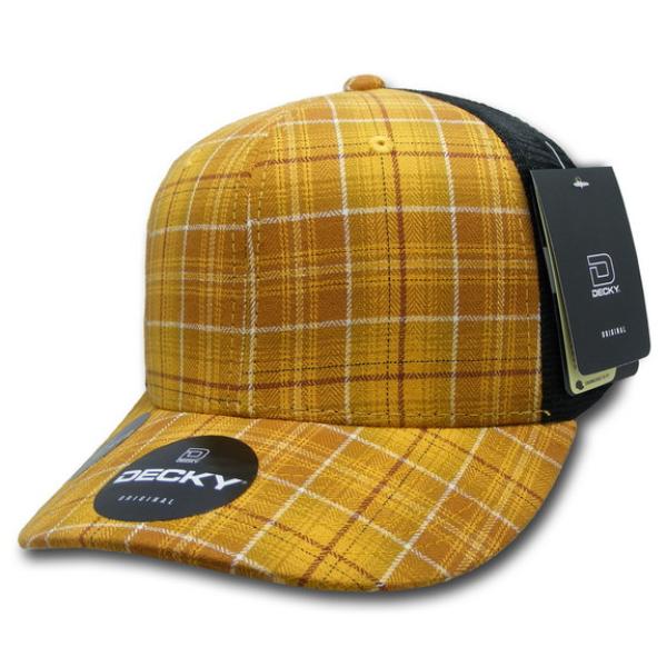 6018-135 6 Panel Mid Profile Structured Plaid Trucker Hat, 135-Black - One Size Fits Most