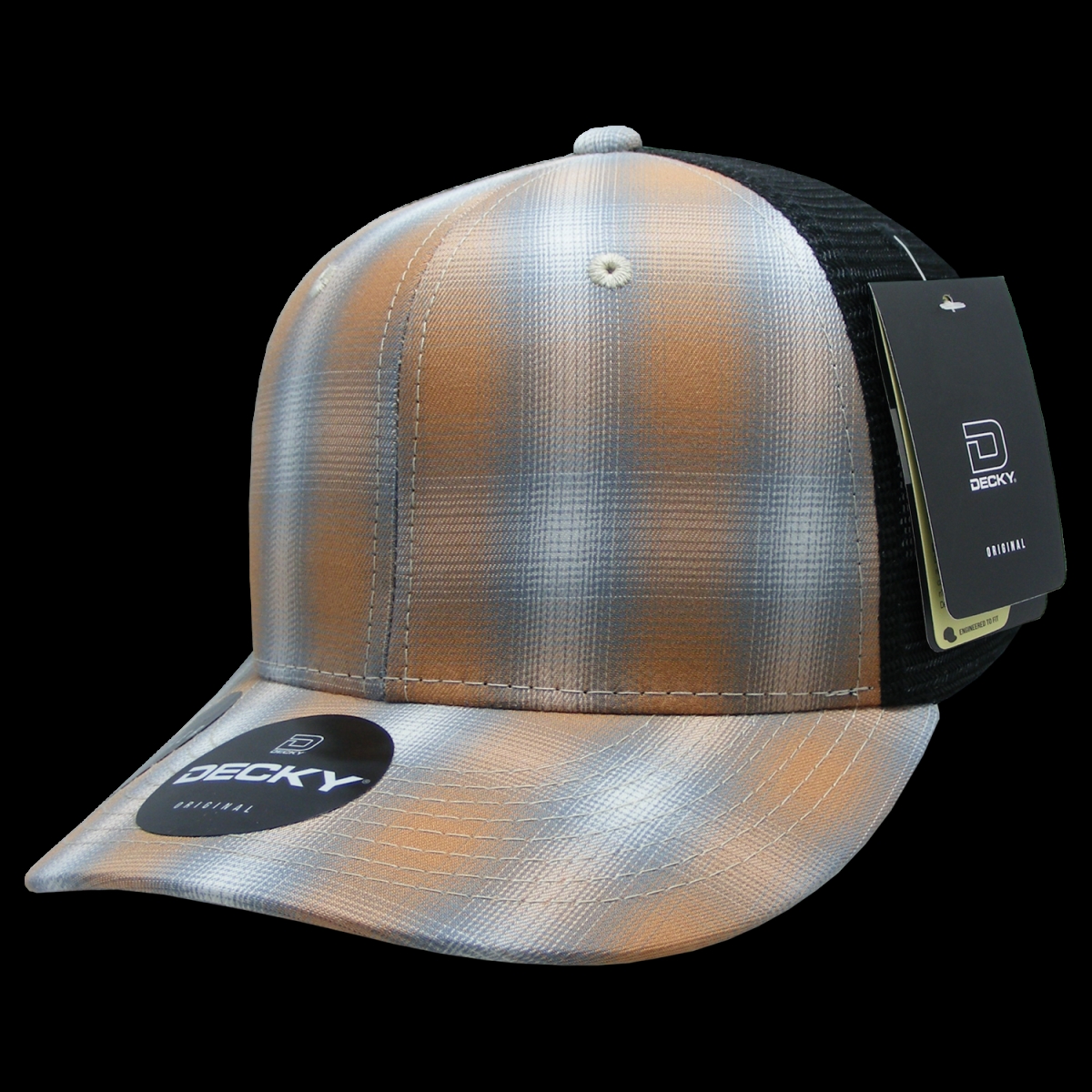 6018-171 6 Panel Mid Profile Structured Plaid Trucker Hat, 171-Black - One Size Fits Most