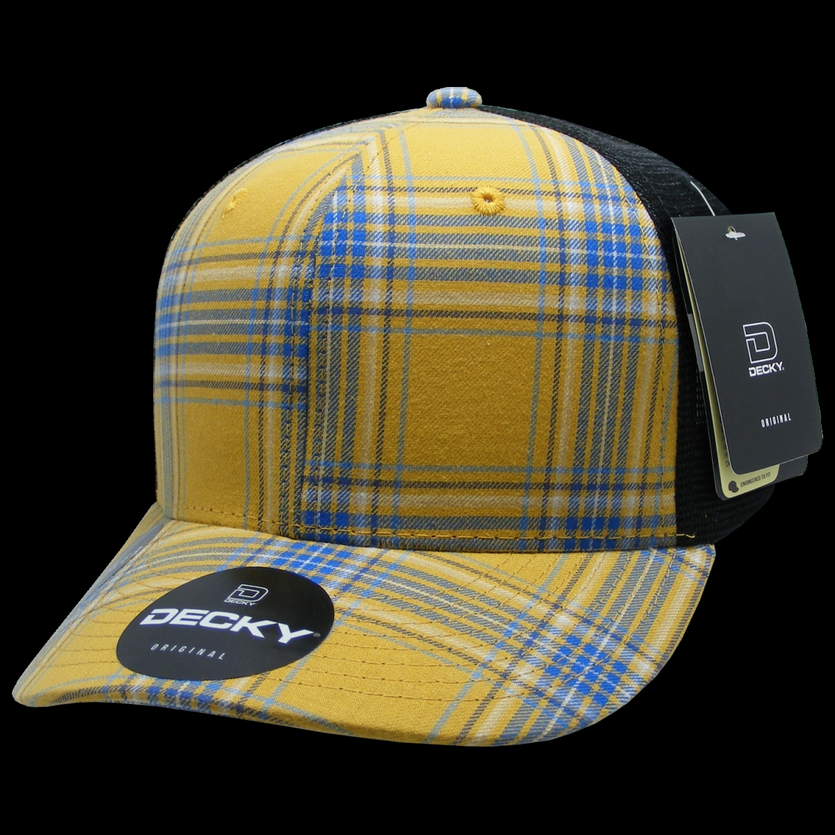 6018-173 6 Panel Mid Profile Structured Plaid Trucker Hat, 173-Black - One Size Fits Most