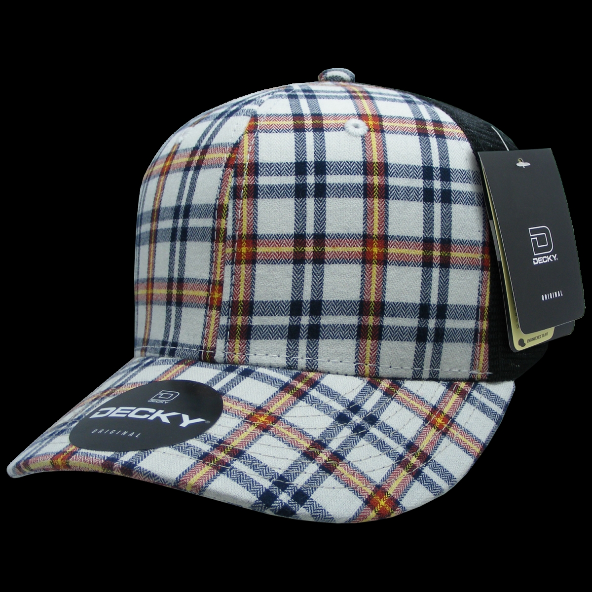 6018-177 6 Panel Mid Profile Structured Plaid Trucker Hat, 177-Black - One Size Fits Most
