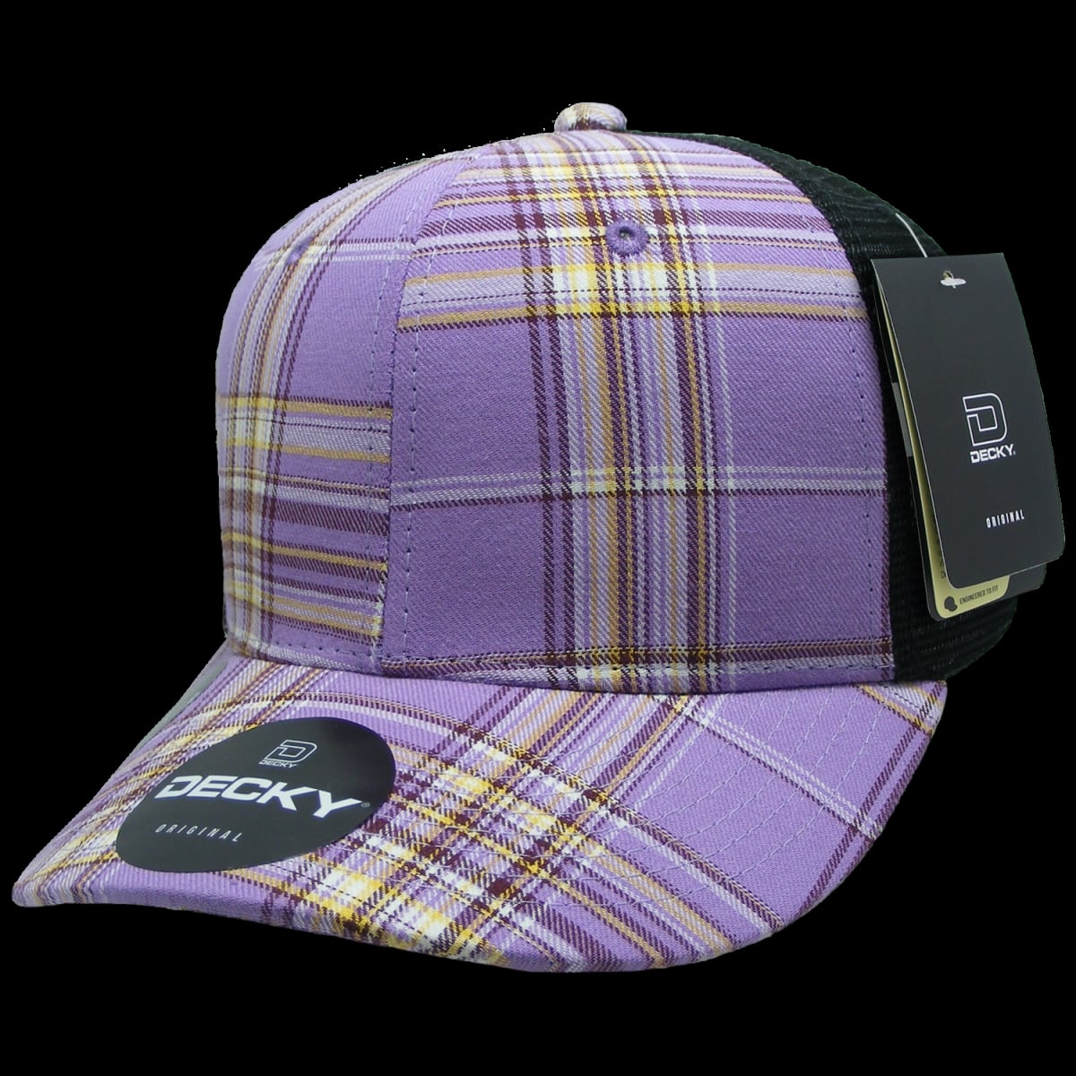 6018-187 6 Panel Mid Profile Structured Plaid Trucker Hat, 187-Black - One Size Fits Most