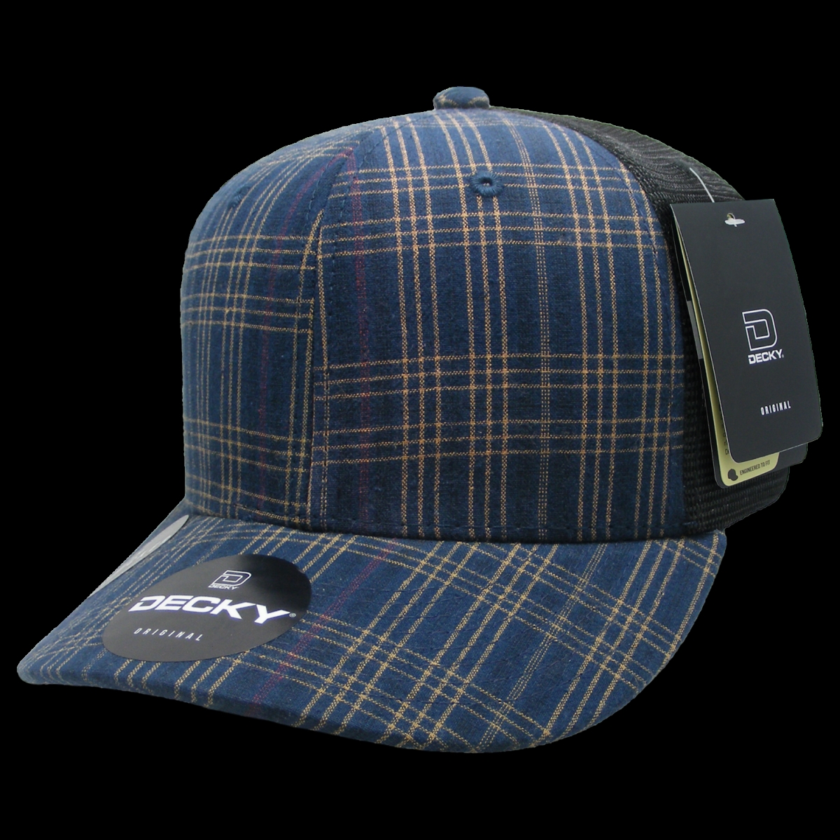 6018-192 6 Panel Mid Profile Structured Plaid Trucker Hat, 192-Black - One Size Fits Most