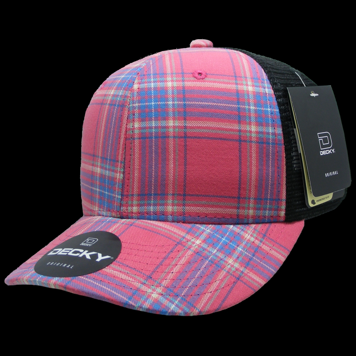 6018-201 6 Panel Mid Profile Structured Plaid Trucker Hat, 201-Black - One Size Fits Most