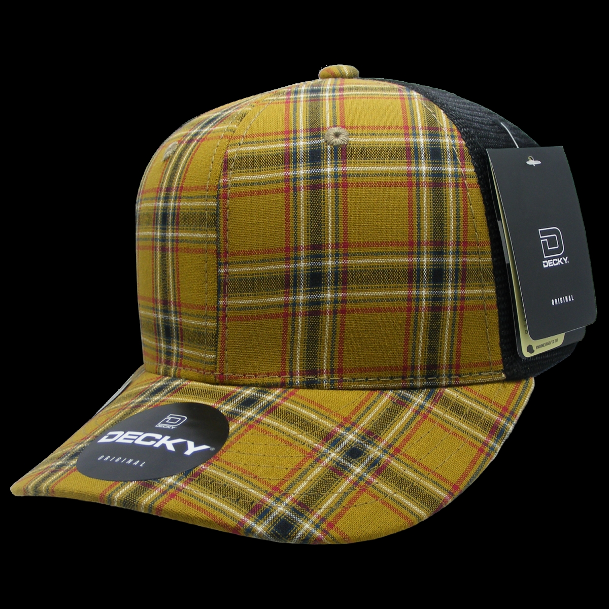 6018-207 6 Panel Mid Profile Structured Plaid Trucker Hat, 207-Black - One Size Fits Most