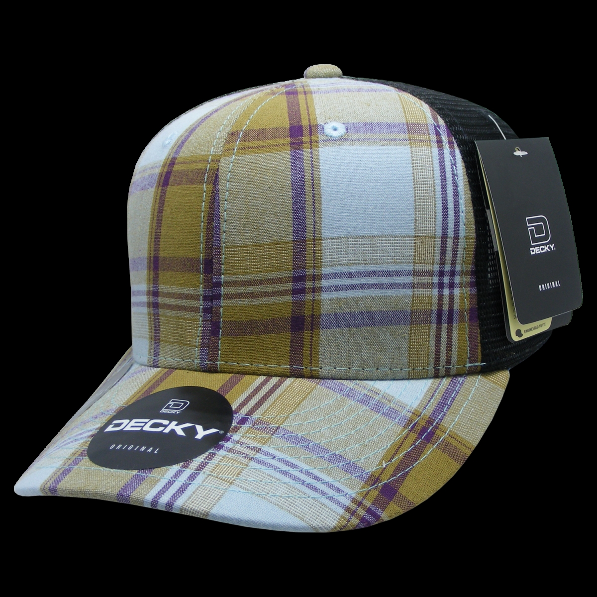 6018-210 6 Panel Mid Profile Structured Plaid Trucker Hat, 210-Black - One Size Fits Most