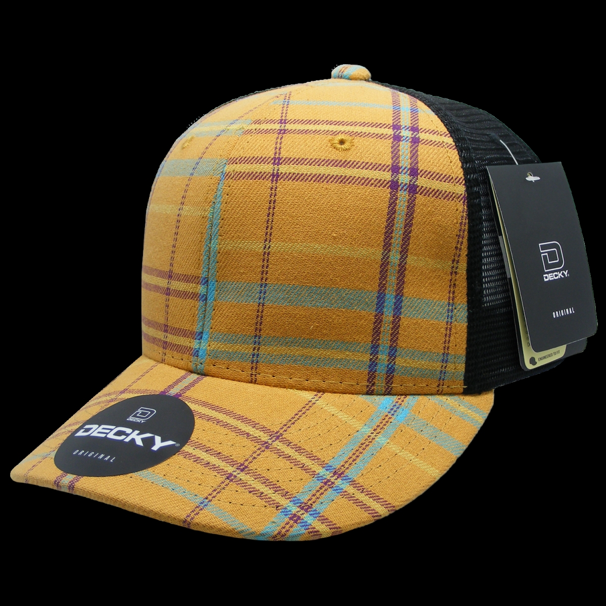 6018-211 6 Panel Mid Profile Structured Plaid Trucker Hat, 211-Black - One Size Fits Most