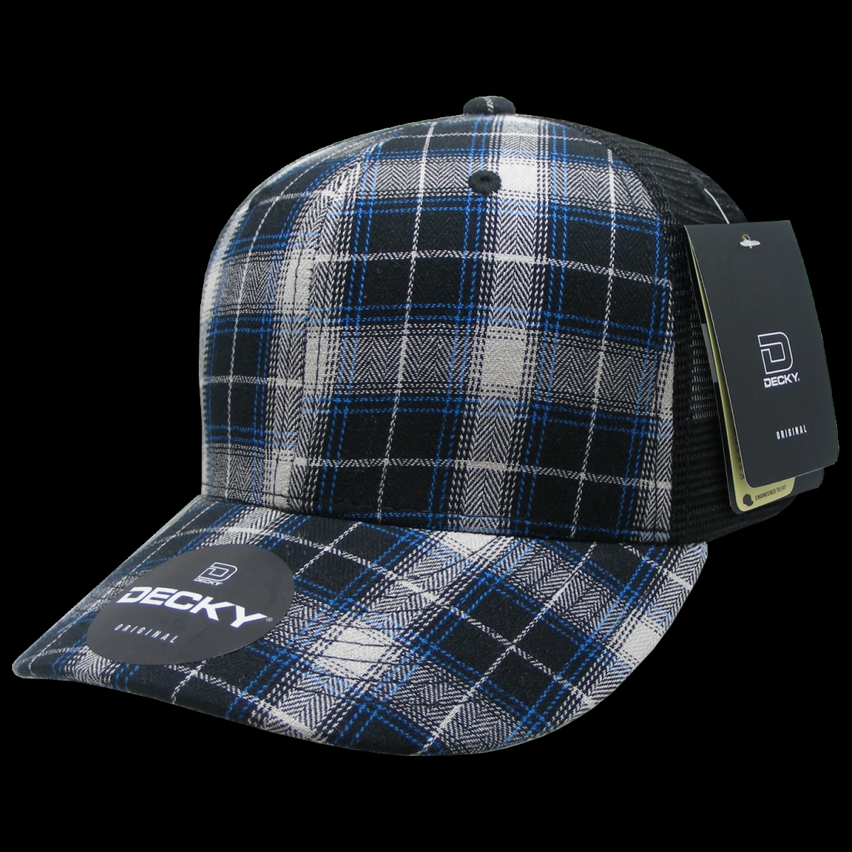 6018-212 6 Panel Mid Profile Structured Plaid Trucker Hat, 212-Black - One Size Fits Most