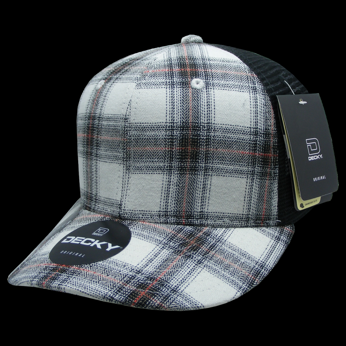 6018-215 6 Panel Mid Profile Structured Plaid Trucker Hat, 215-Black - One Size Fits Most