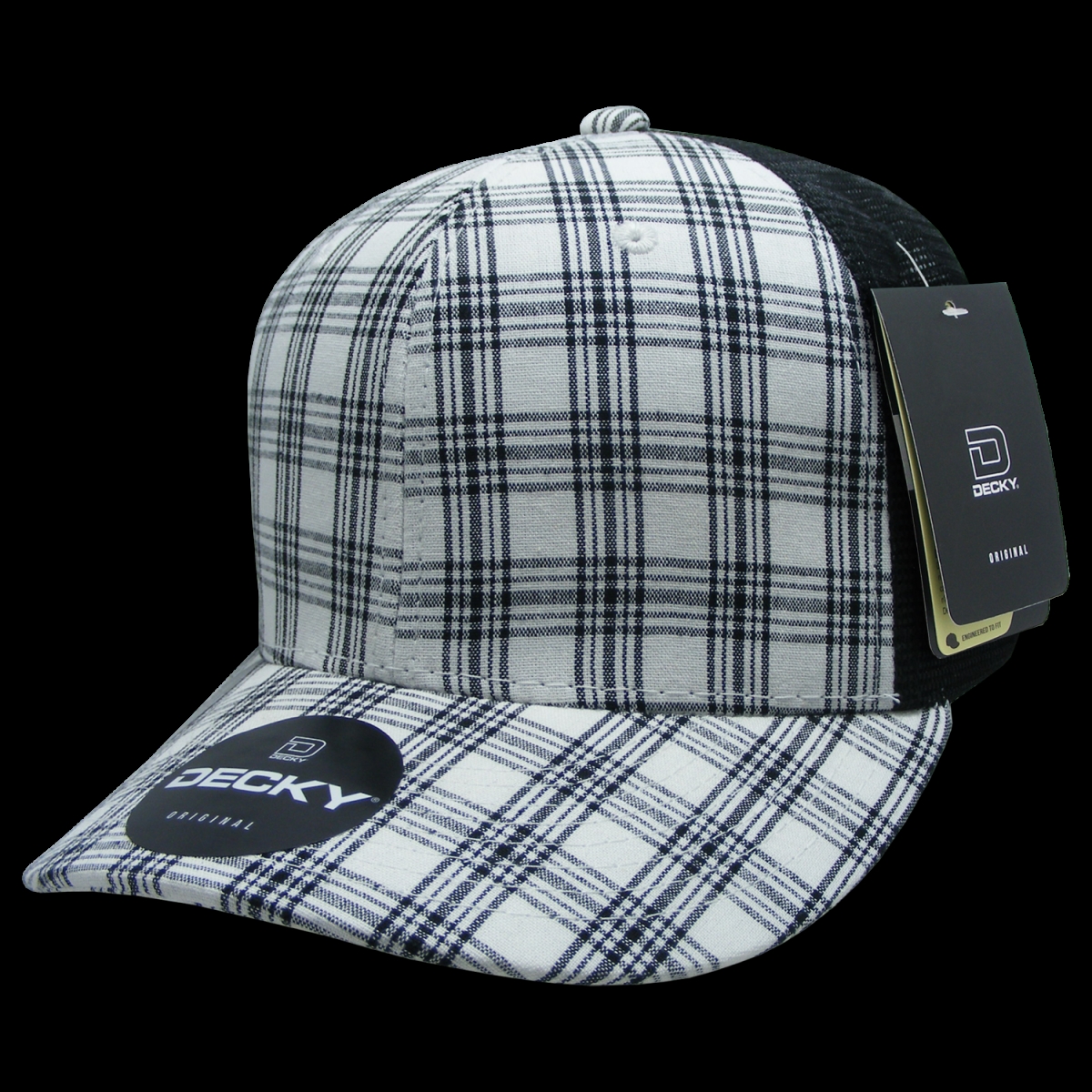 6018-218 6 Panel Mid Profile Structured Plaid Trucker Hat, 218-Black - One Size Fits Most
