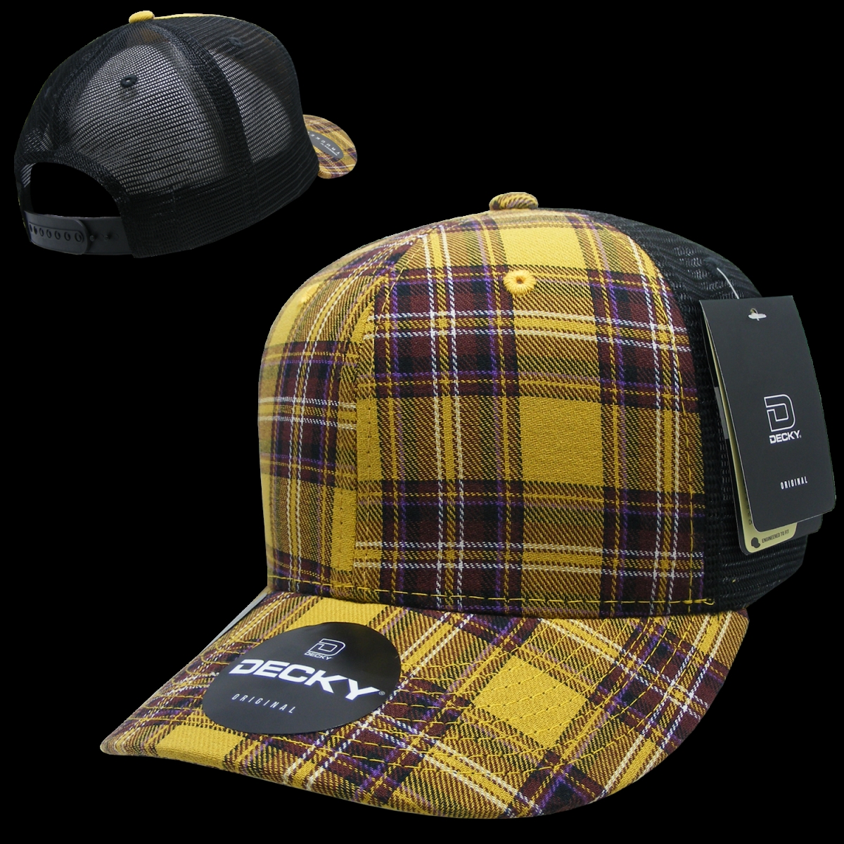 6018-220 6 Panel Mid Profile Structured Plaid Trucker Hat, 220-Black - One Size Fits Most