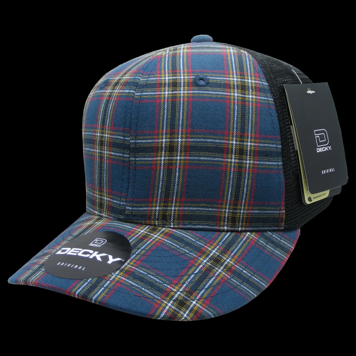 6018-221 6 Panel Mid Profile Structured Plaid Trucker Hat, 221-Black - One Size Fits Most