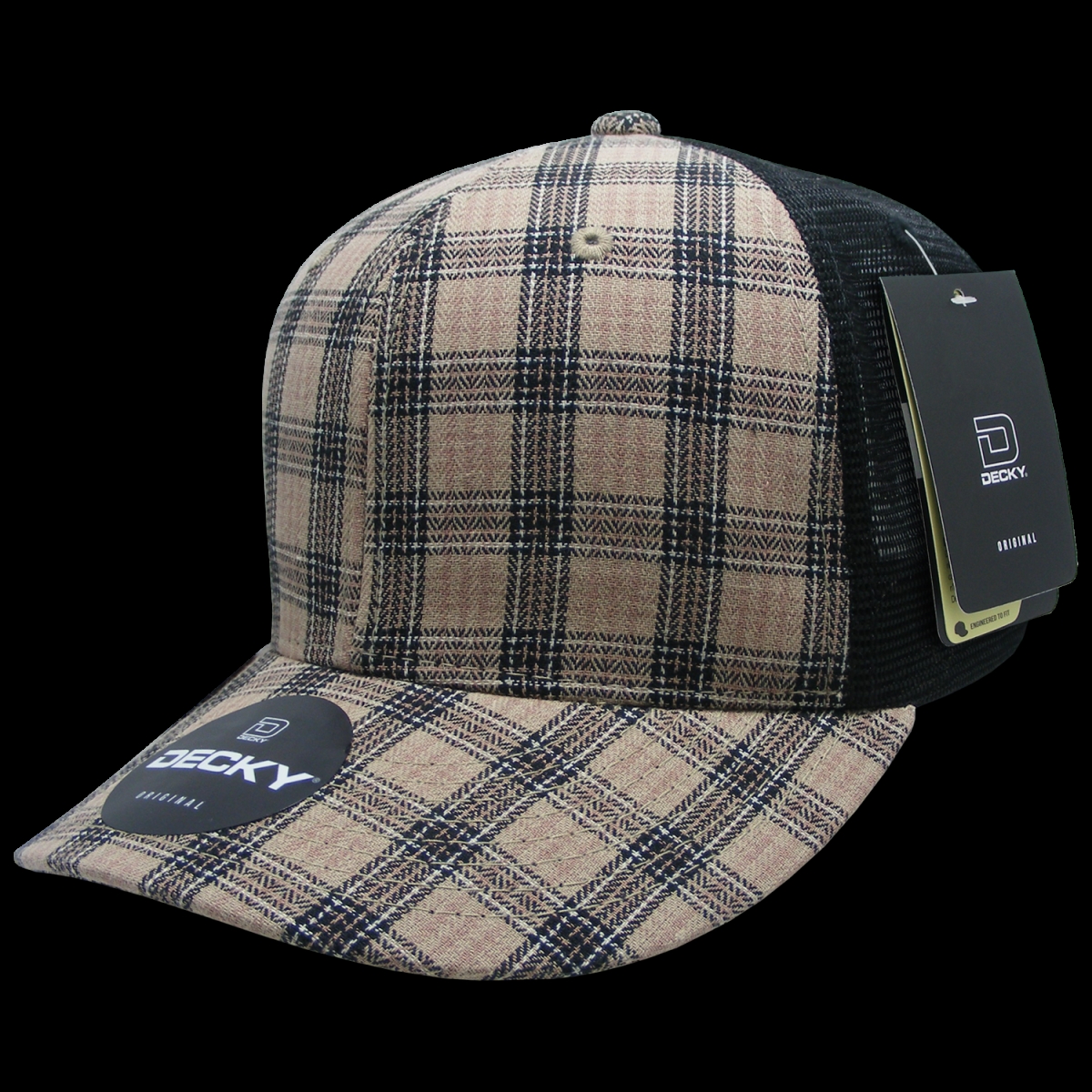 6018-222 6 Panel Mid Profile Structured Plaid Trucker Hat, 222-Black - One Size Fits Most