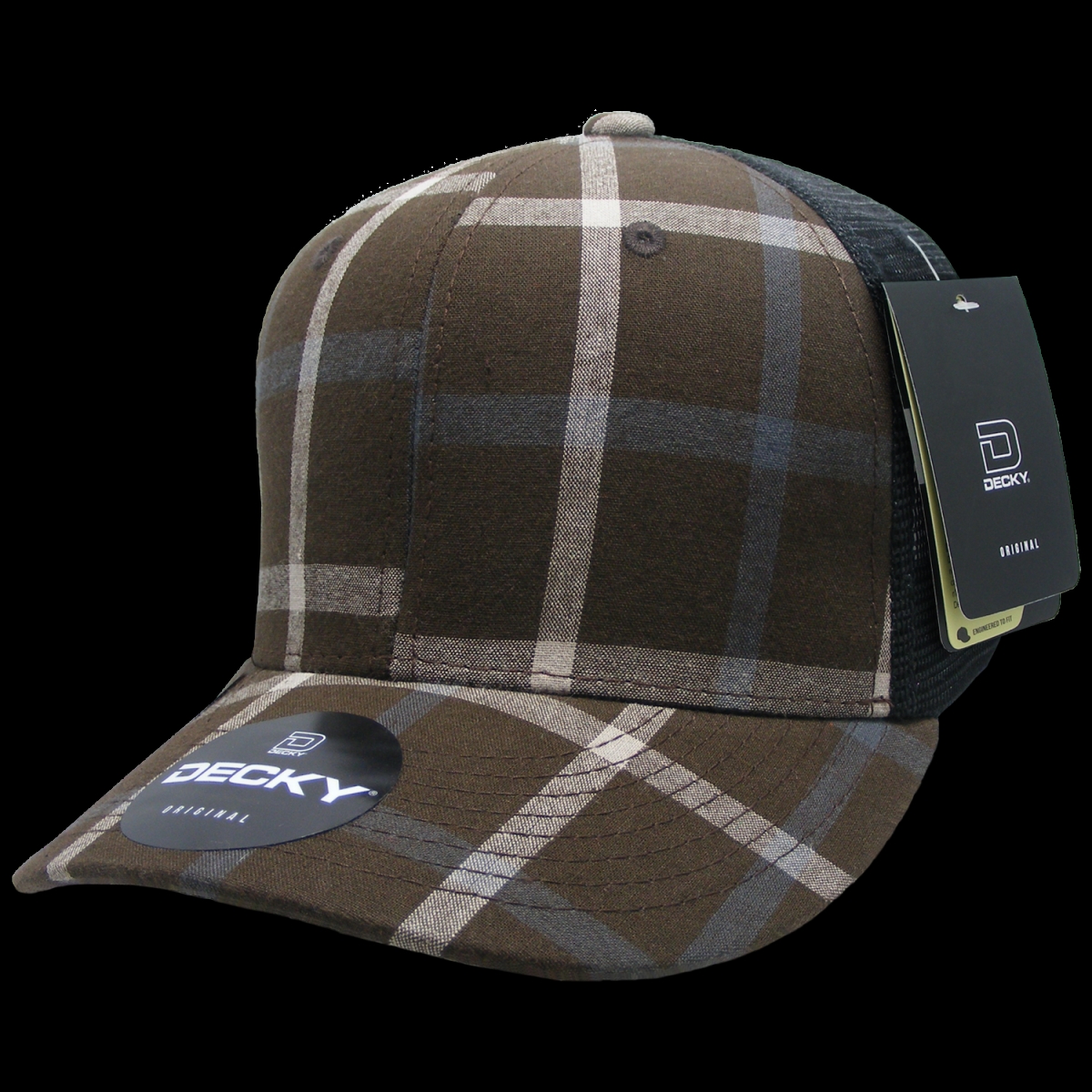 6018-226 6 Panel Mid Profile Structured Plaid Trucker Hat, 226-Black - One Size Fits Most