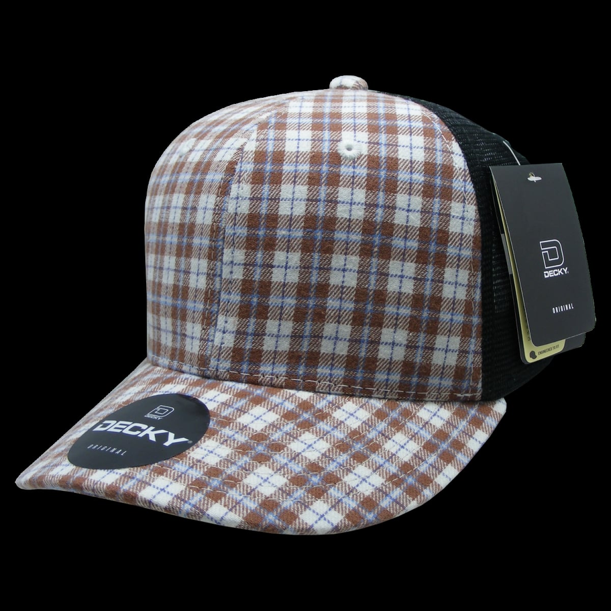 6018-229 6 Panel Mid Profile Structured Plaid Trucker Hat, 229-Black - One Size Fits Most