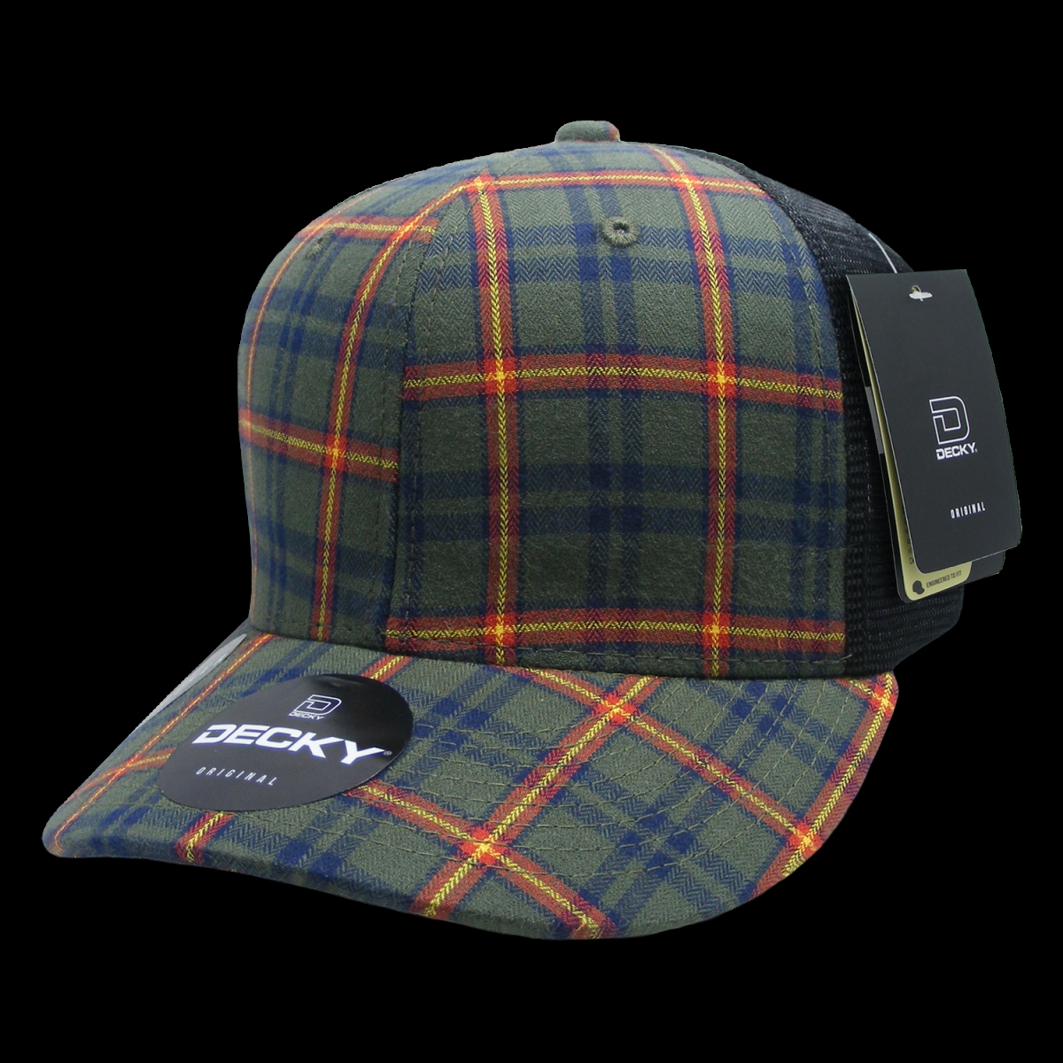 6018-230 6 Panel Mid Profile Structured Plaid Trucker Hat, 230-Black - One Size Fits Most