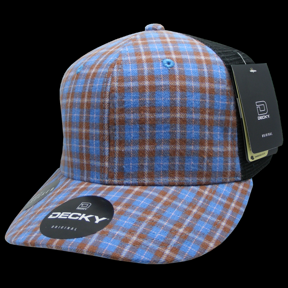 6018-231 6 Panel Mid Profile Structured Plaid Trucker Hat, 231-Black - One Size Fits Most