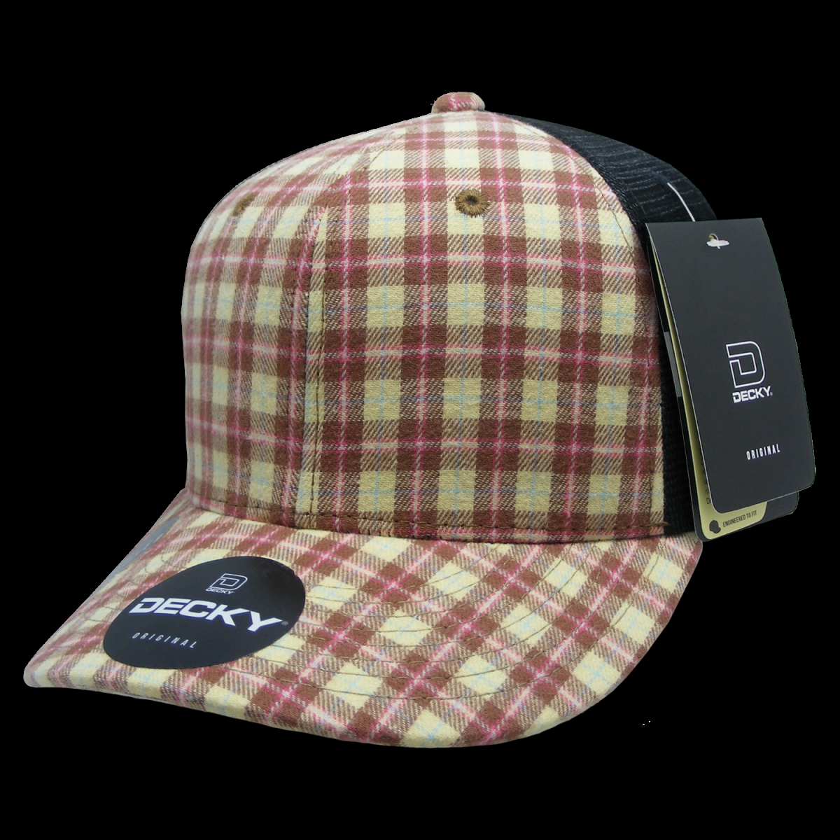 6018-233 6 Panel Mid Profile Structured Plaid Trucker Hat, 233-Black - One Size Fits Most