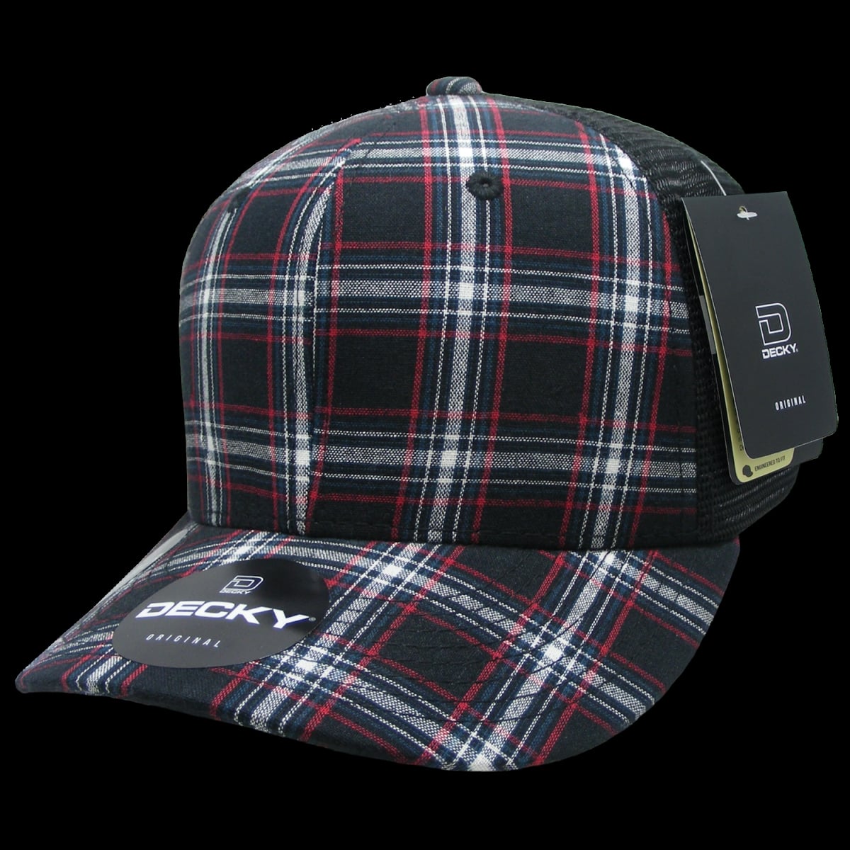 6018-235 6 Panel Mid Profile Structured Plaid Trucker Hat, 235-Black - One Size Fits Most