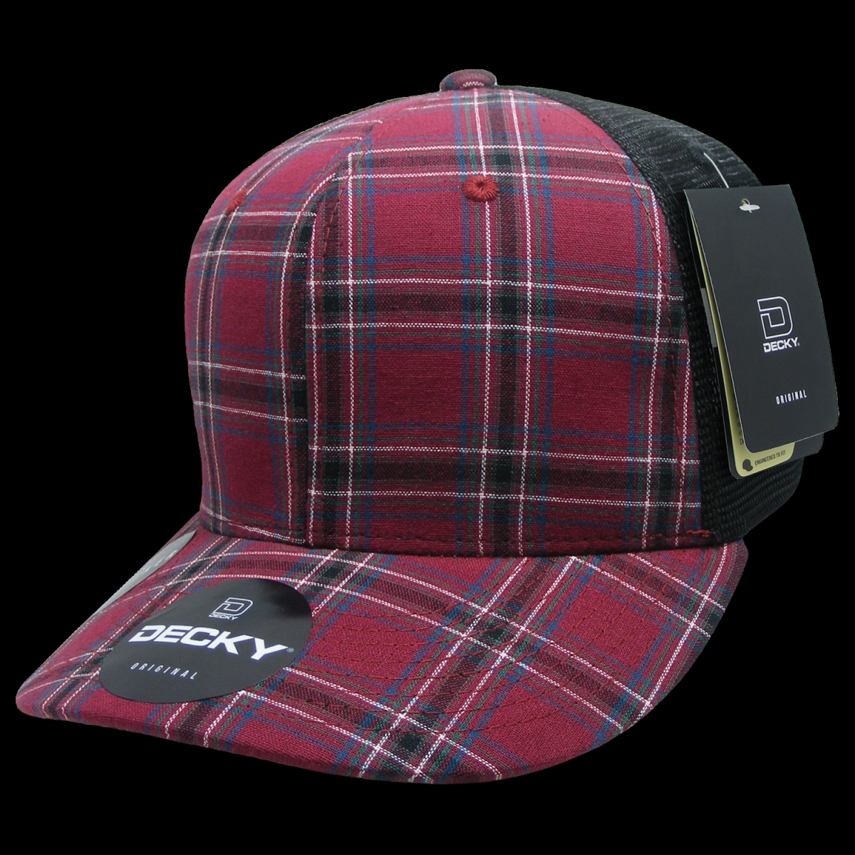 6018-237 6 Panel Mid Profile Structured Plaid Trucker Hat, 237-Black - One Size Fits Most