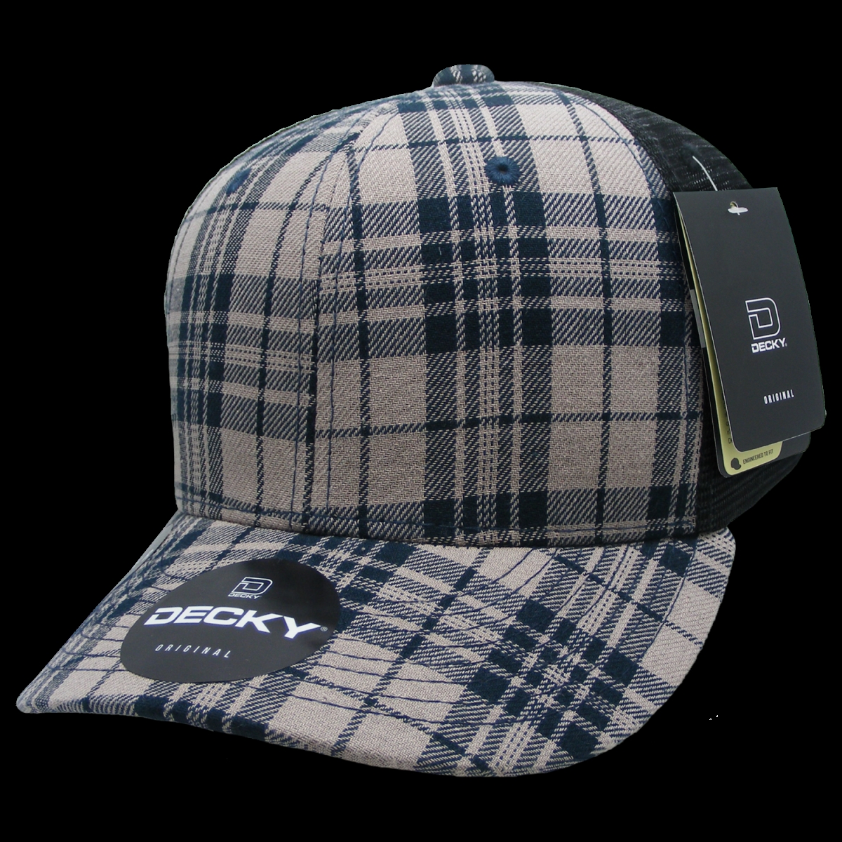 6018-240 6 Panel Mid Profile Structured Plaid Trucker Hat, 240-Black - One Size Fits Most