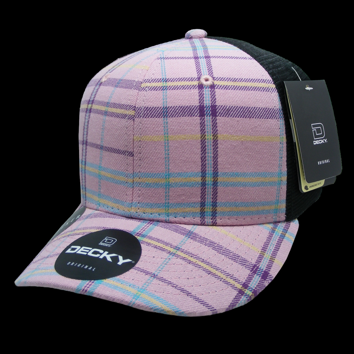 6018-243 6 Panel Mid Profile Structured Plaid Trucker Hat, 243-Black - One Size Fits Most