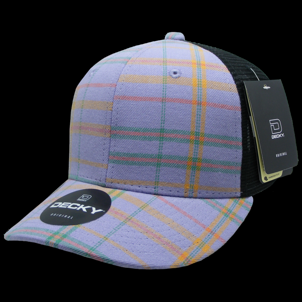 6018-245 6 Panel Mid Profile Structured Plaid Trucker Hat, 245-Black - One Size Fits Most