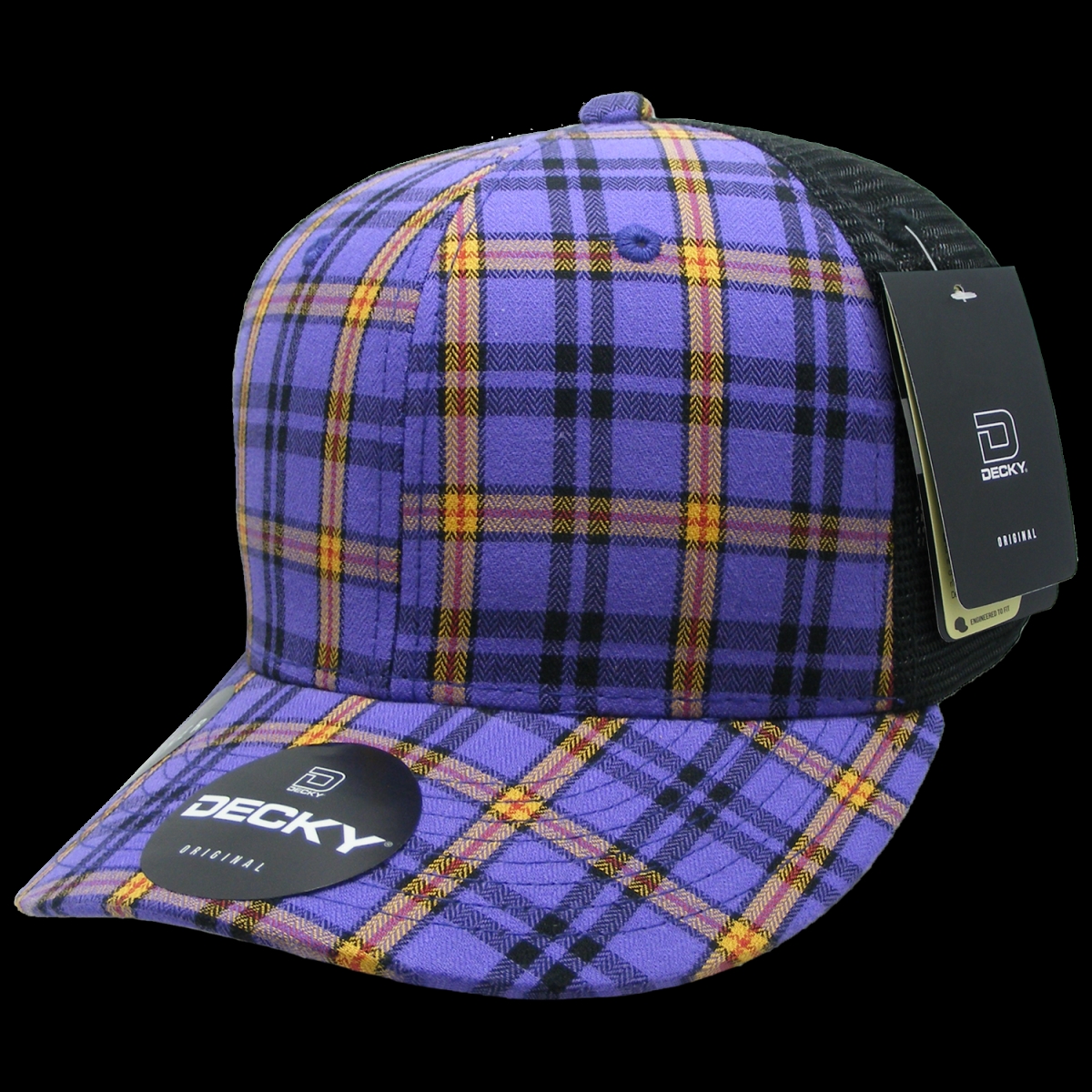 6018-246 6 Panel Mid Profile Structured Plaid Trucker Hat, 246-Black - One Size Fits Most