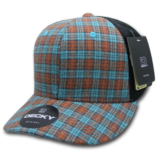6018-249 6 Panel Mid Profile Structured Plaid Trucker Hat, 249-Black - One Size Fits Most