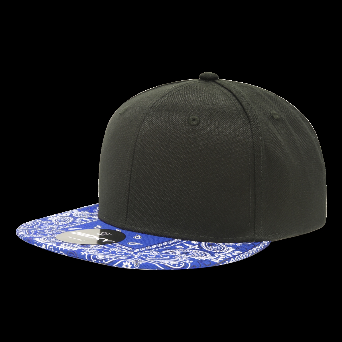 1093-BLKRYL 6 Panel High Profile Structured Bandanna Bill Snapback Hat, Black & Royal - One Size Fits Most