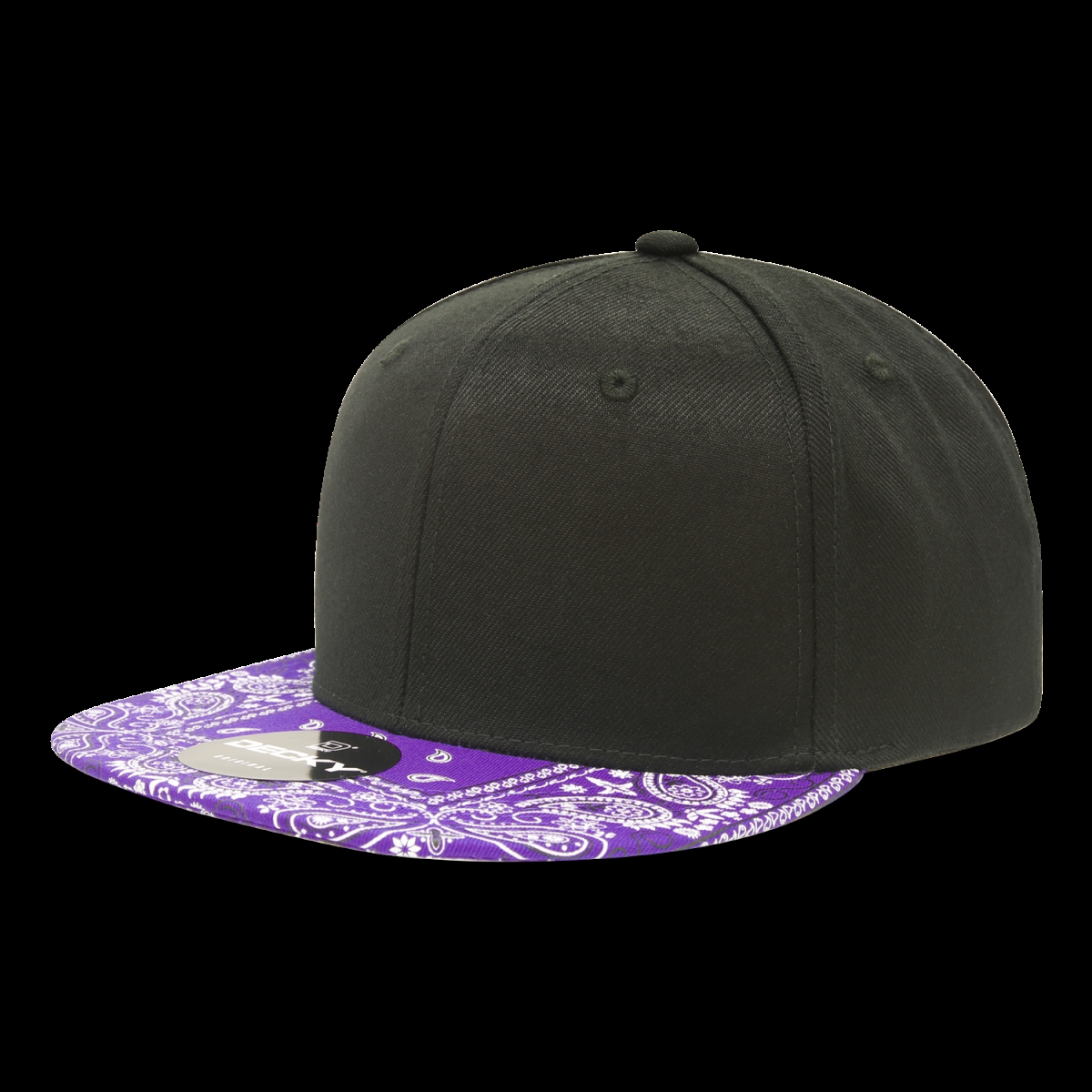 1093-BLKPUR 6 Panel High Profile Structured Bandanna Bill Snapback Hat, Black & Purple - One Size Fits Most