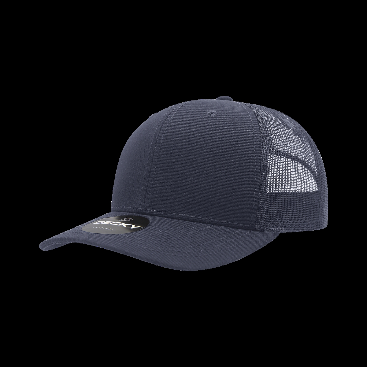 6021-1NVY 6 Panel Mid Profile Structured Cotton Blend Trucker Cap, Navy - One Size Fits Most