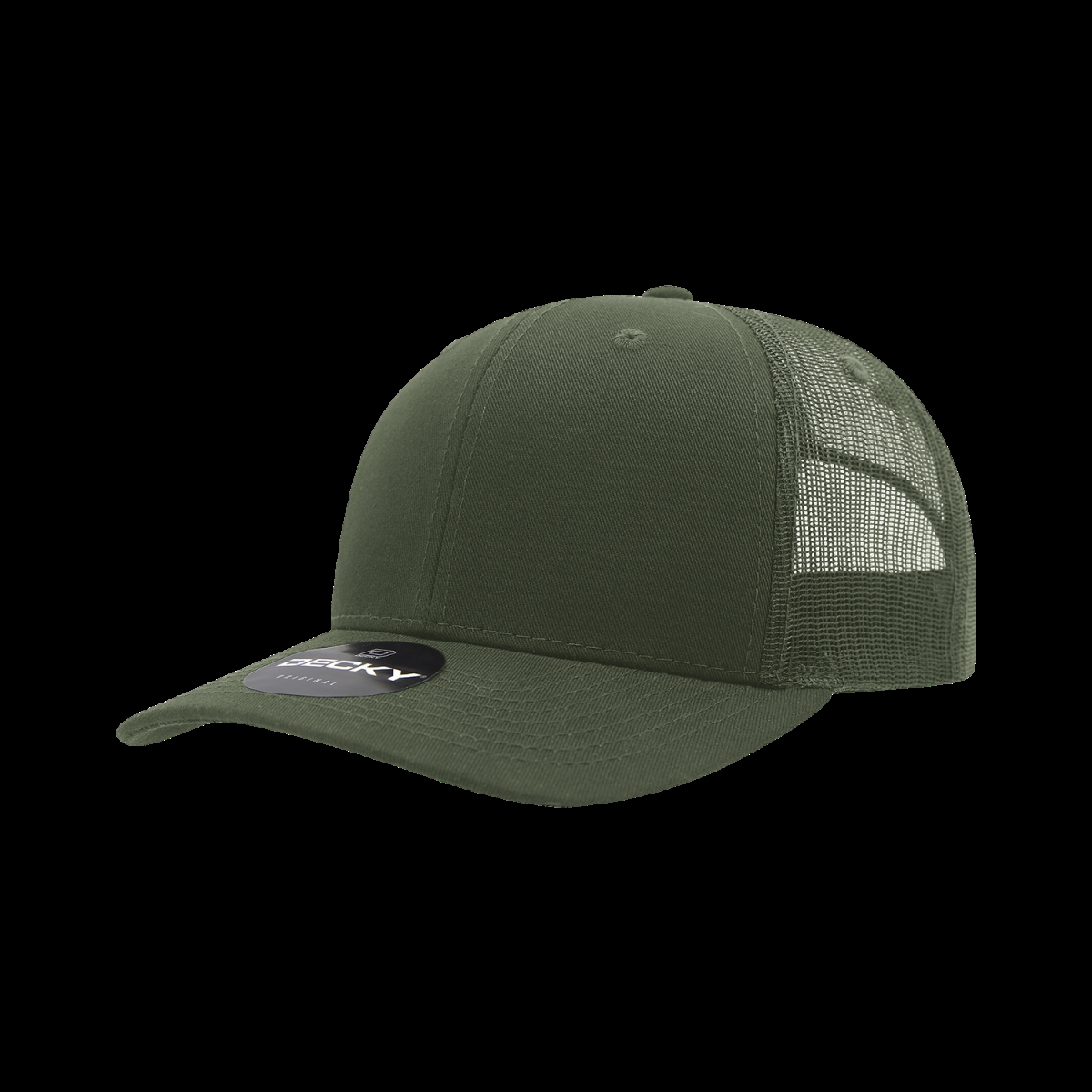 6021-1OLV 6 Panel Mid Profile Structured Cotton Blend Trucker Cap, Olive - One Size Fits Most