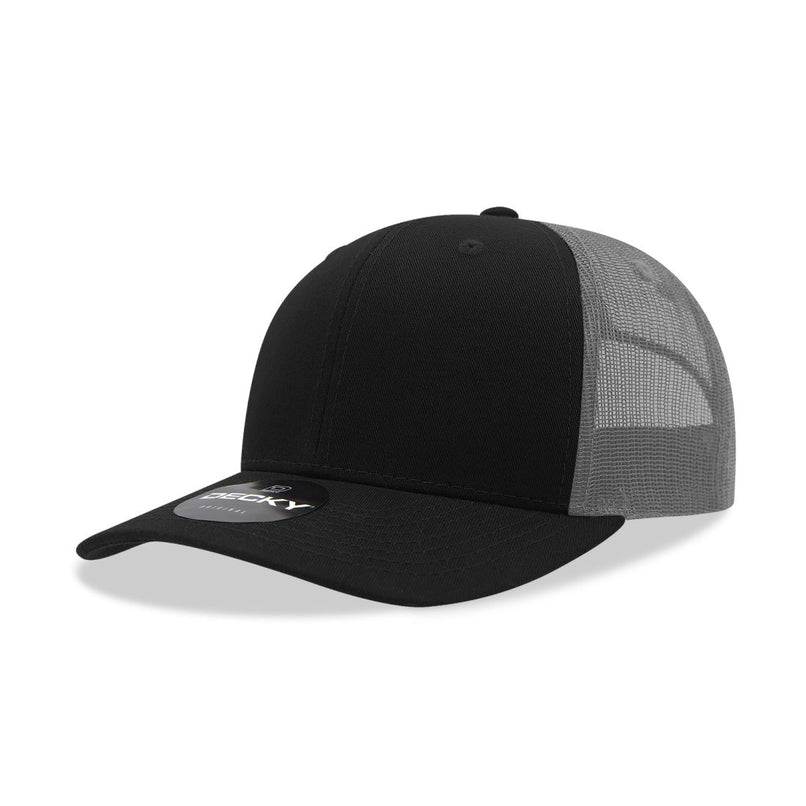 6021-4BLKCHA 6 Panel Mid Profile Structured Cotton Blend Trucker Cap, Black & Charcoal - One Size Fits Most