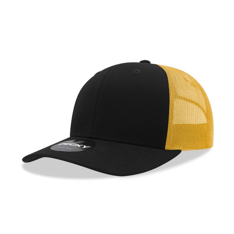 6021-4BLKGLD 6 Panel Mid Profile Structured Cotton Blend Trucker Cap, Black & Gold - One Size Fits Most