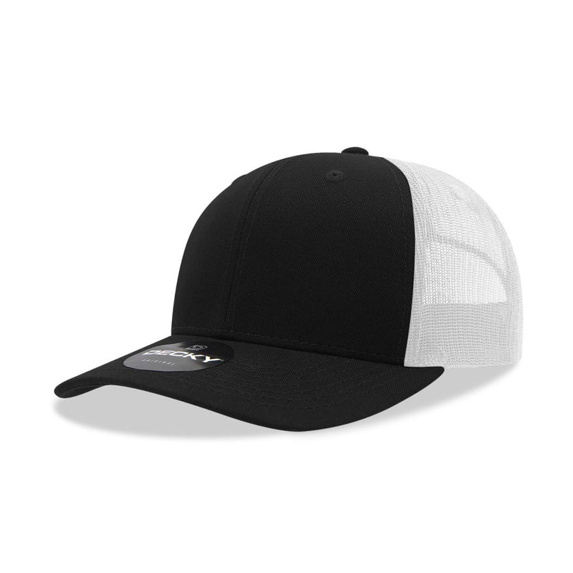 6021-4BLKWHT 6 Panel Mid Profile Structured Cotton Blend Trucker Cap, Black & White - One Size Fits Most