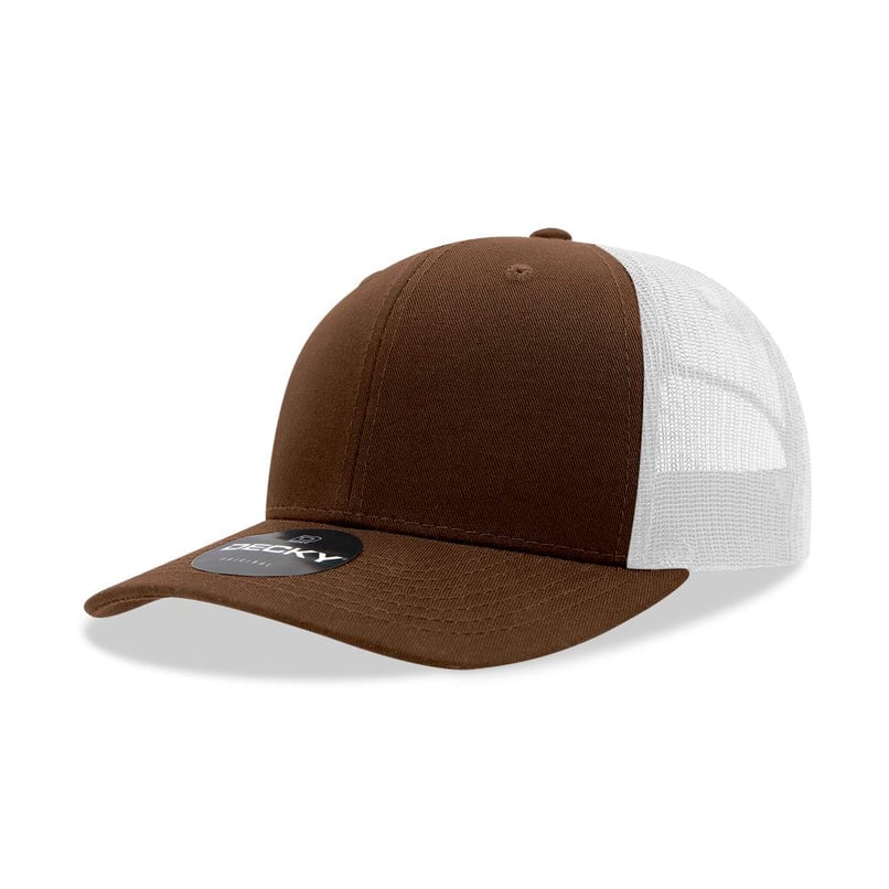 6021-4BRNWHT 6 Panel Mid Profile Structured Cotton Blend Trucker Cap, Brown & White - One Size Fits Most