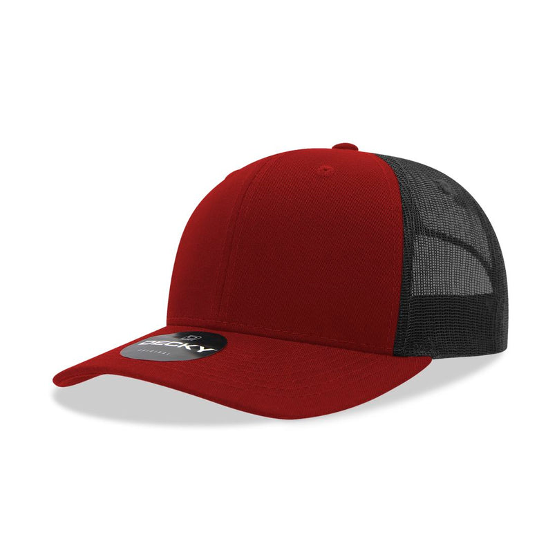 6021-4CARBLK 6 Panel Mid Profile Structured Cotton Blend Trucker Cap, Cardinal & Black - One Size Fits Most