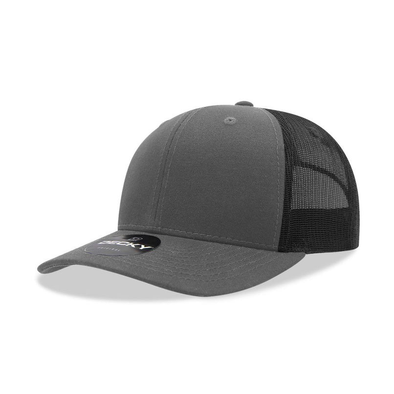 6021-4CHABLK 6 Panel Mid Profile Structured Cotton Blend Trucker Cap, Charcoal & Black - One Size Fits Most