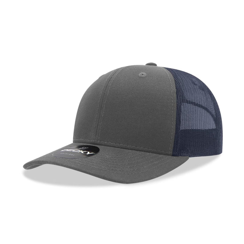 6021-4CHANVY 6 Panel Mid Profile Structured Cotton Blend Trucker Cap, Charcoal & Navy - One Size Fits Most
