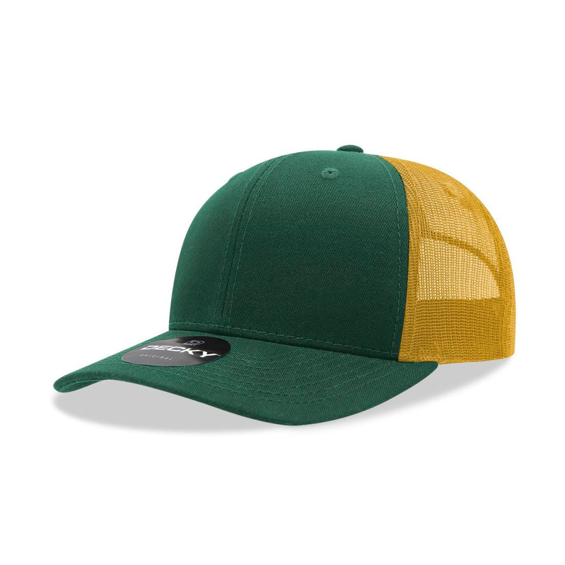 6021-4FORGLD 6 Panel Mid Profile Structured Cotton Blend Trucker Cap, Forest & Gold - One Size Fits Most