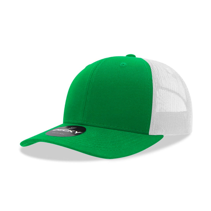 6021-4KELWHT 6 Panel Mid Profile Structured Cotton Blend Trucker Cap, Kelly & White - One Size Fits Most