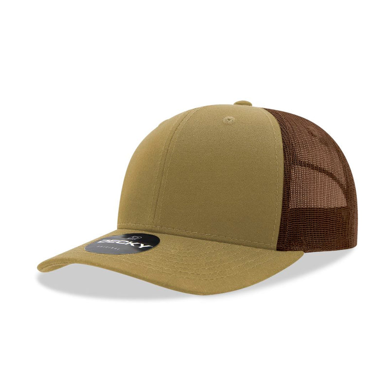 6021-4KHABRN 6 Panel Mid Profile Structured Cotton Blend Trucker Cap, Khaki & Brown - One Size Fits Most