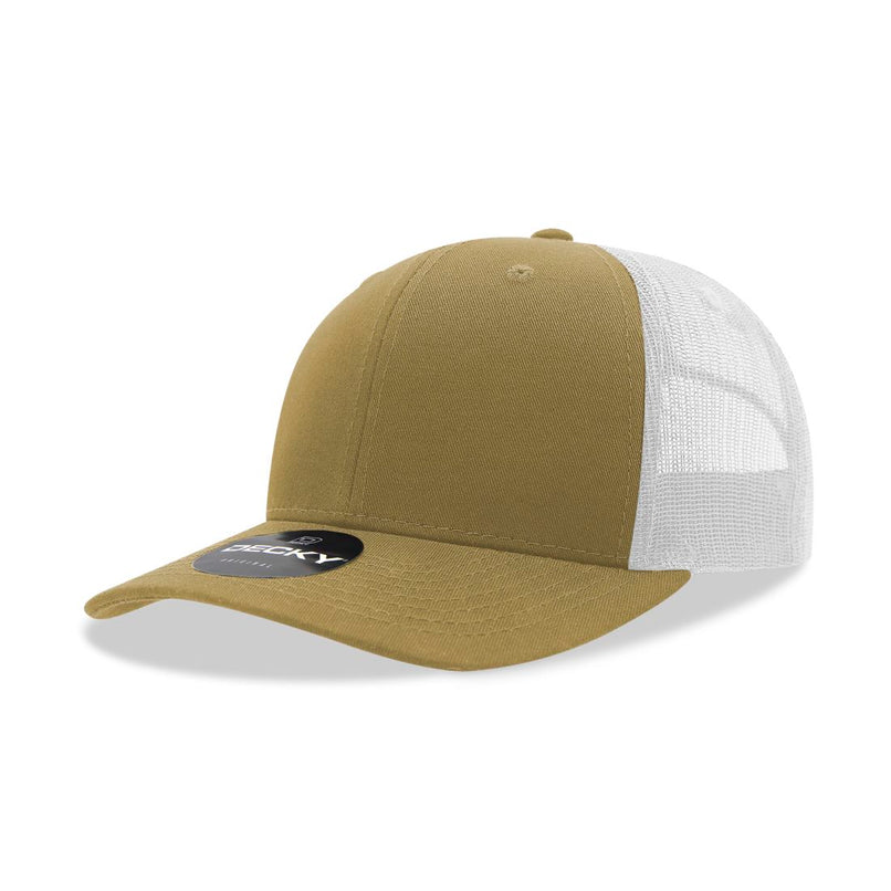 6021-4KHAWHT 6 Panel Mid Profile Structured Cotton Blend Trucker Cap, Khaki & White - One Size Fits Most