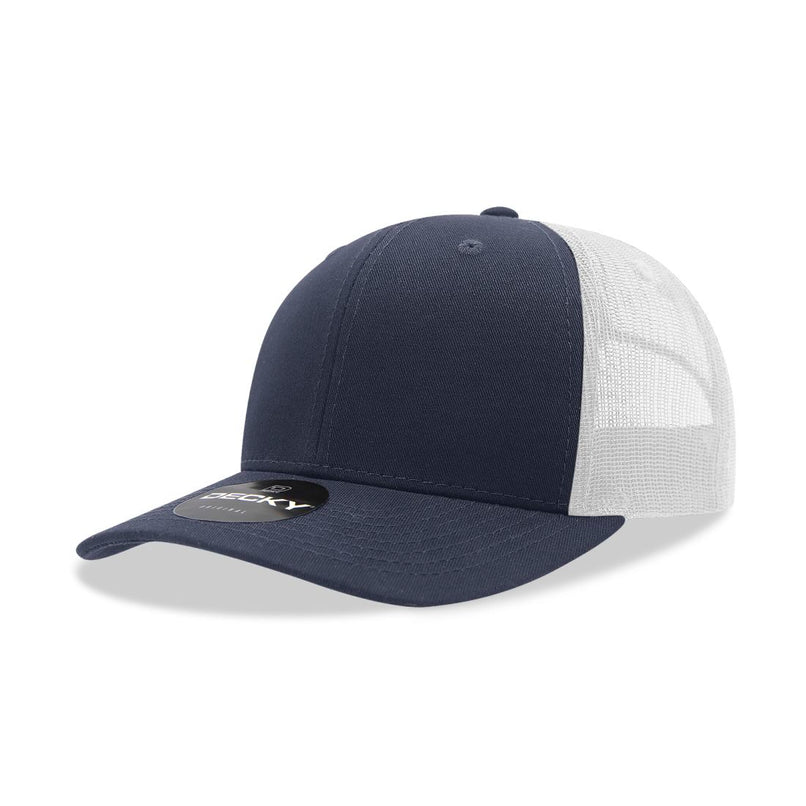 6021-4NVYWHT 6 Panel Mid Profile Structured Cotton Blend Trucker Cap, Navy & White - One Size Fits Most
