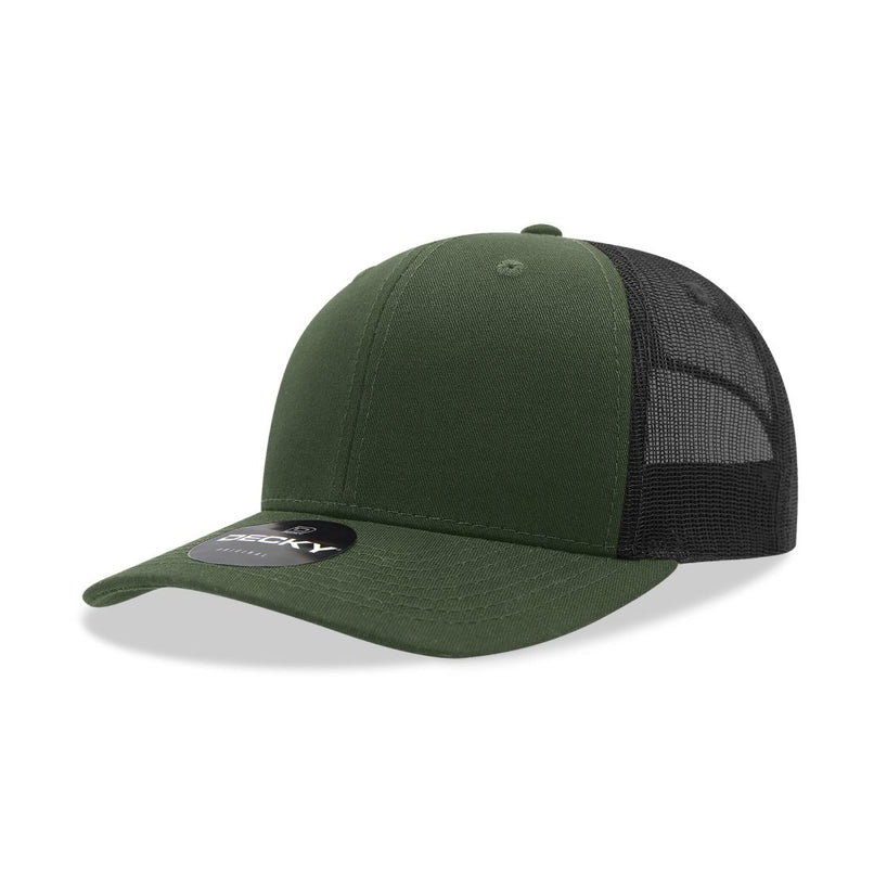 6021-4OLVBLK 6 Panel Mid Profile Structured Cotton Blend Trucker Cap, Olive & Black - One Size Fits Most