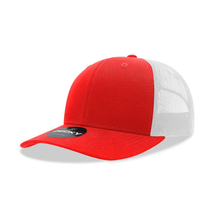 6021-4REDWHT 6 Panel Mid Profile Structured Cotton Blend Trucker Cap, Red & White - One Size Fits Most