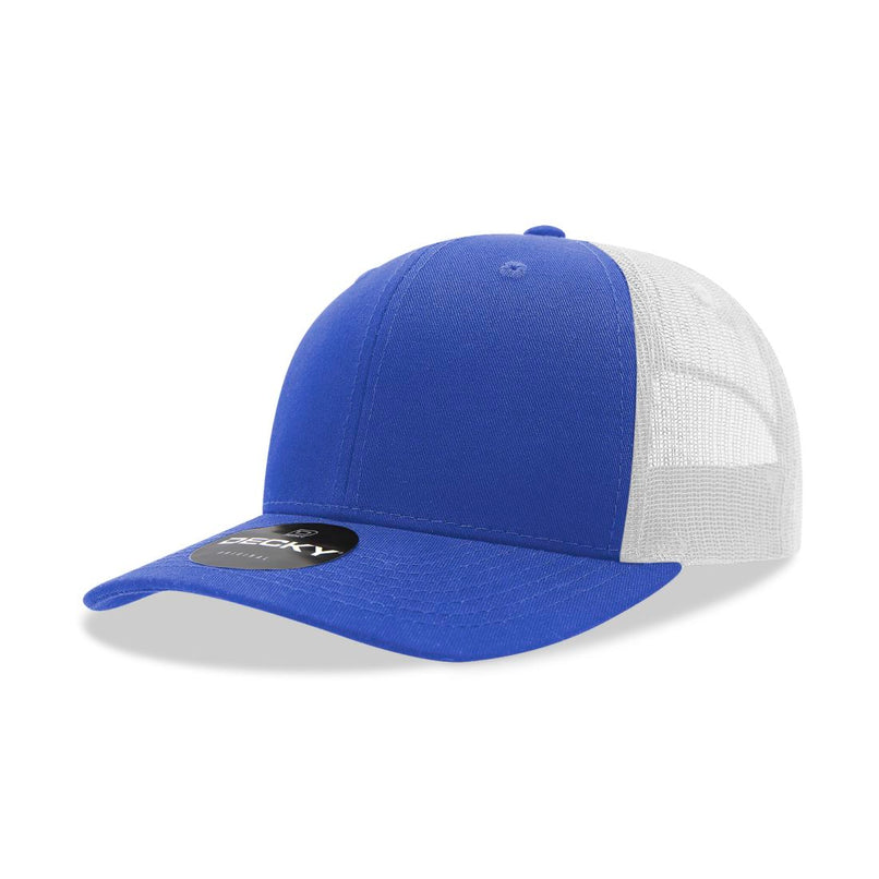 6021-4RYLWHT 6 Panel Mid Profile Structured Cotton Blend Trucker Cap, Royal & White - One Size Fits Most