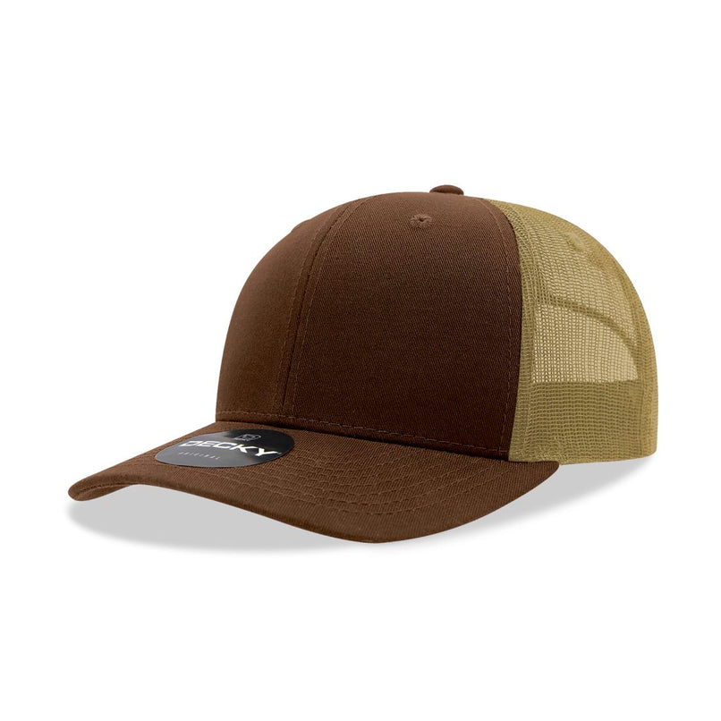6021-4BRNKHA 6 Panel Mid Profile Structured Cotton Blend Trucker Cap, Brown & Khaki - One Size Fits Most