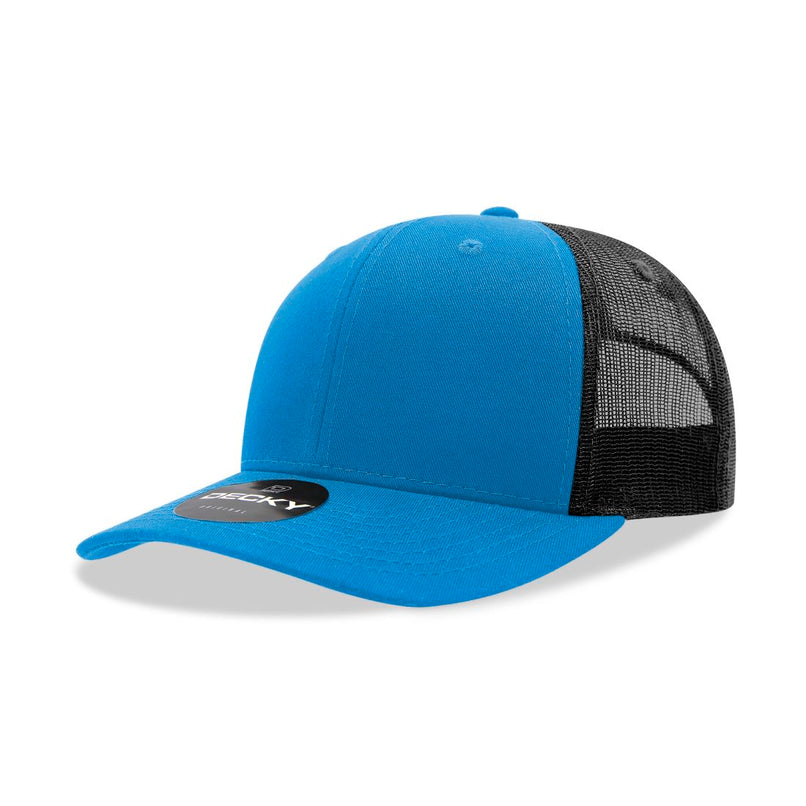 6021-4SKYBLK 6 Panel Mid Profile Structured Cotton Blend Trucker Cap, Sky & Black - One Size Fits Most